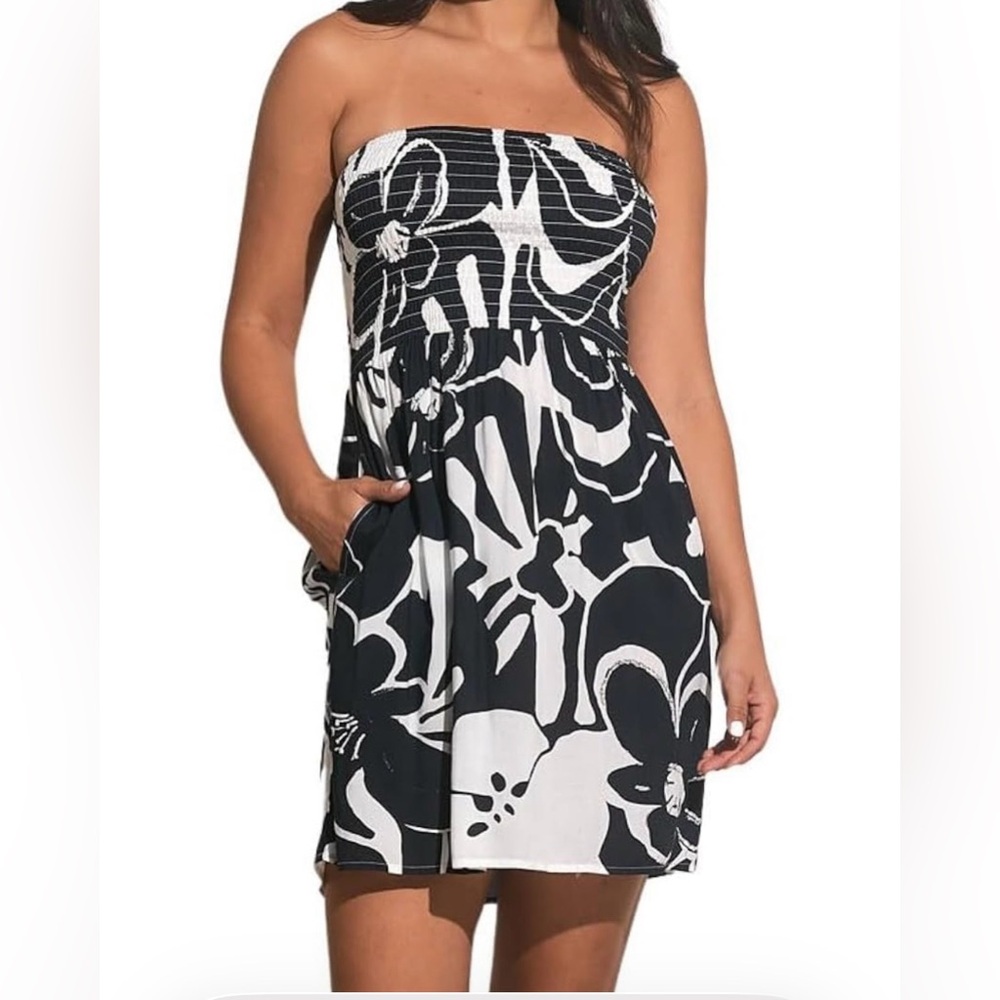 NEW ELAN strapless Smocked Hibiscus Mini Dress resort Coverup size S